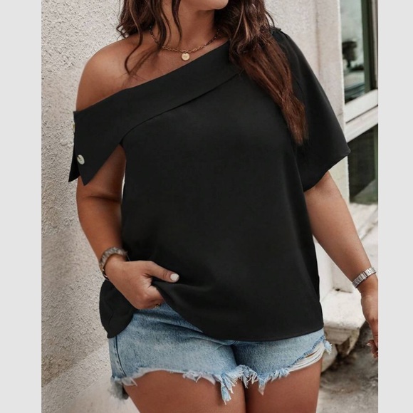 Luxe plus size cream asymmetrical neck blouse - Picture 6 of 11